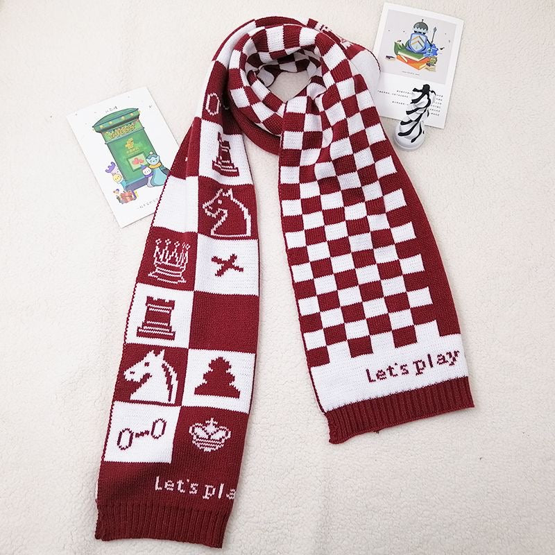 International Chess Knit Scarf -red– Double-Sided Jacquard Chessboard Design for Strategic Minds