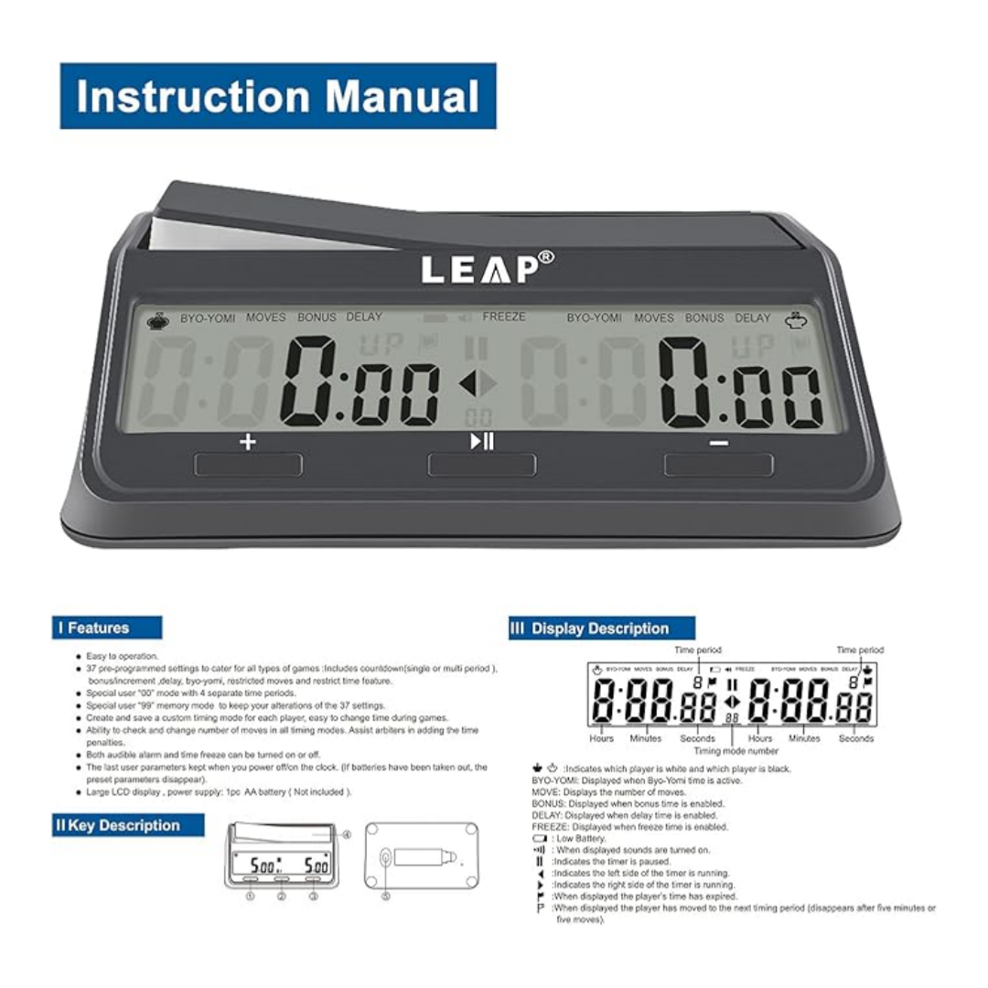 LEAP PQ9921 -PRO CHOICE-Digital Chess Timer - High-Visibility Lever & Multi-Mode Programming