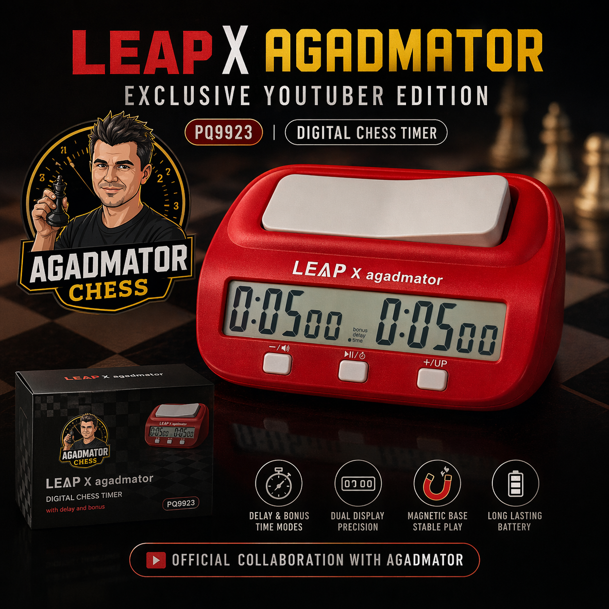 [Limited Edition] agadmator x LEAP Chess Clock - Professional Digital Chess Timer for Blitz & Bullet - Official Collaboration