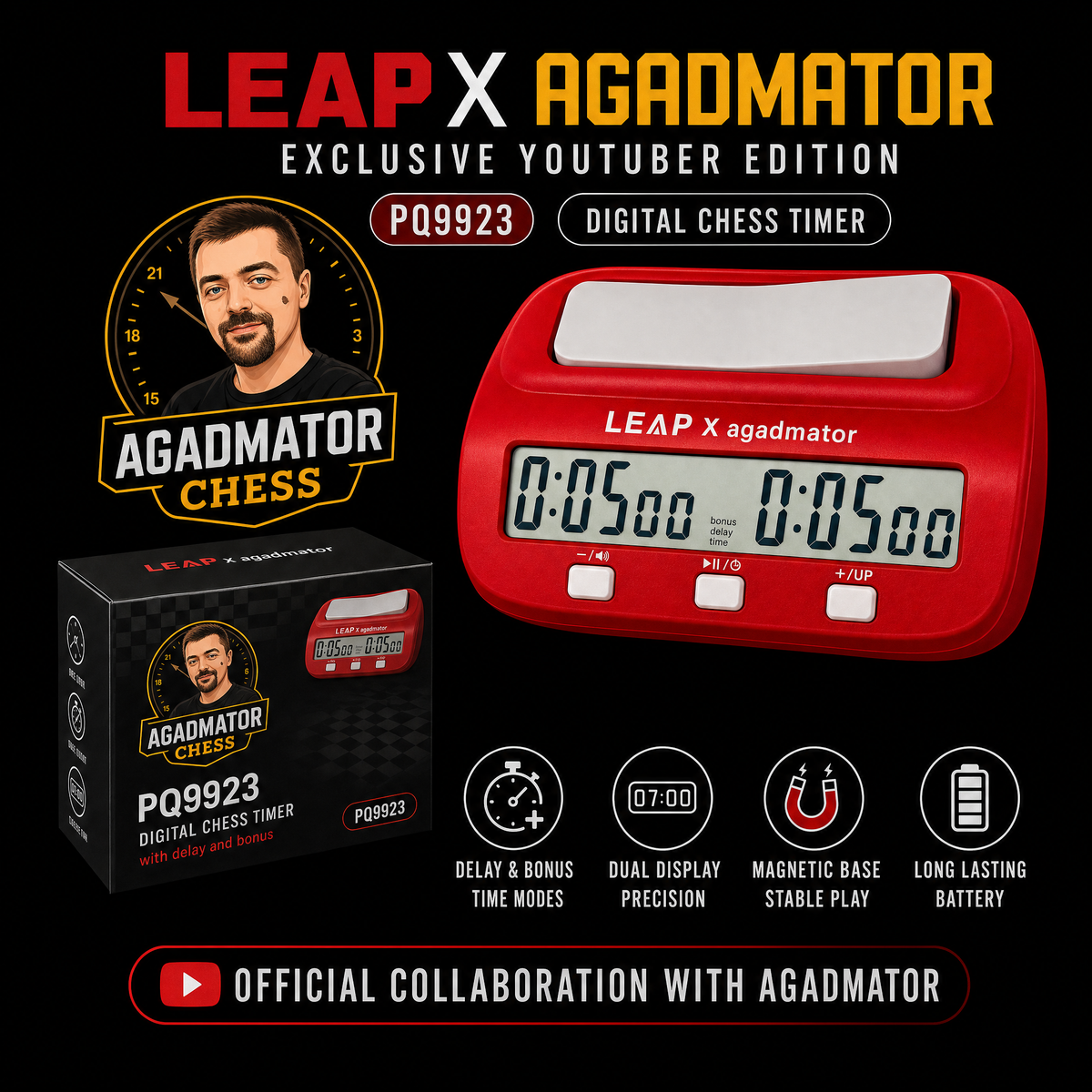 [Limited Edition] Agadmator x LEAP Chess Clock - Digital Timer for Blitz & Bullet