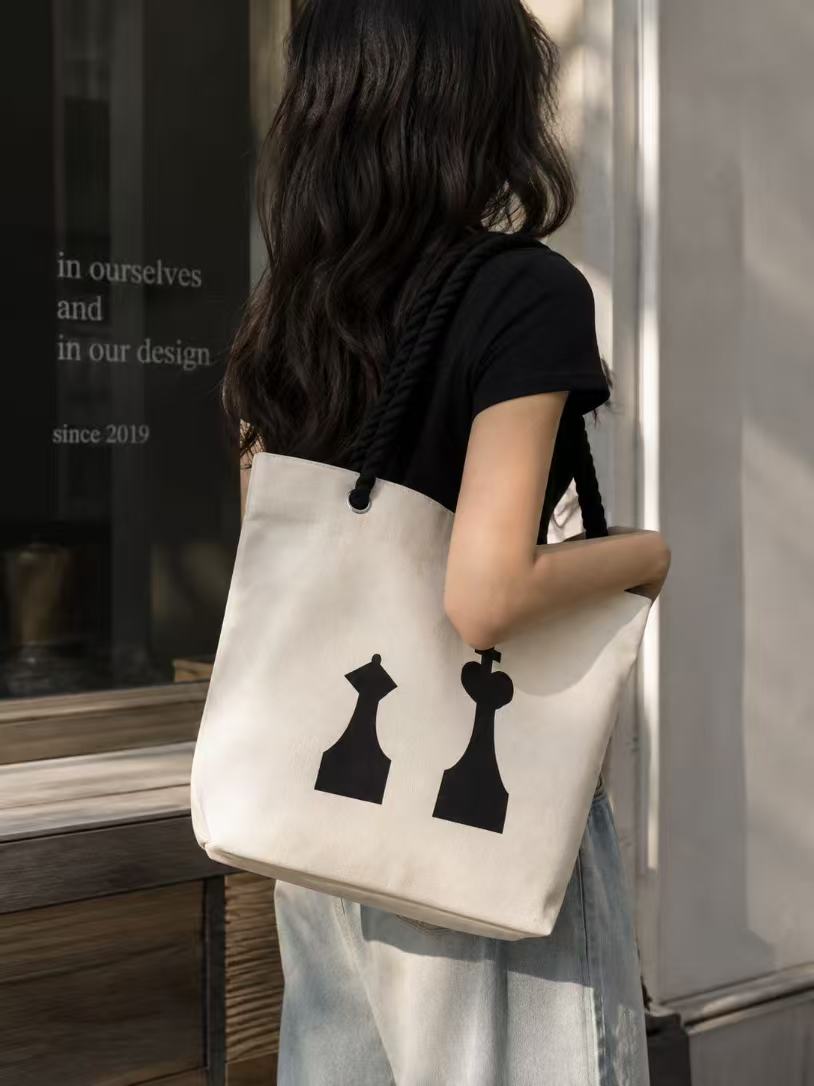 Abstract chess tote bag in use