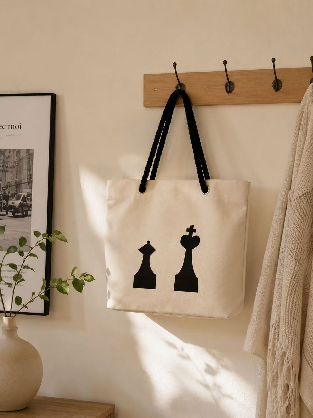 Abstract chess tote bag lifestyle scene