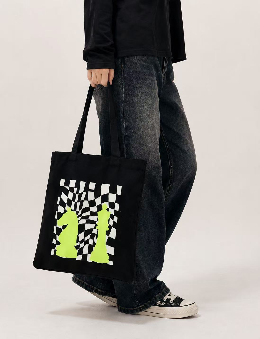 Color-block canvas tote bag in use
