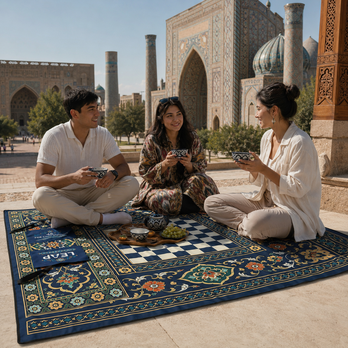 Central Asian-inspired picnic blanket tote bag in Samarkand