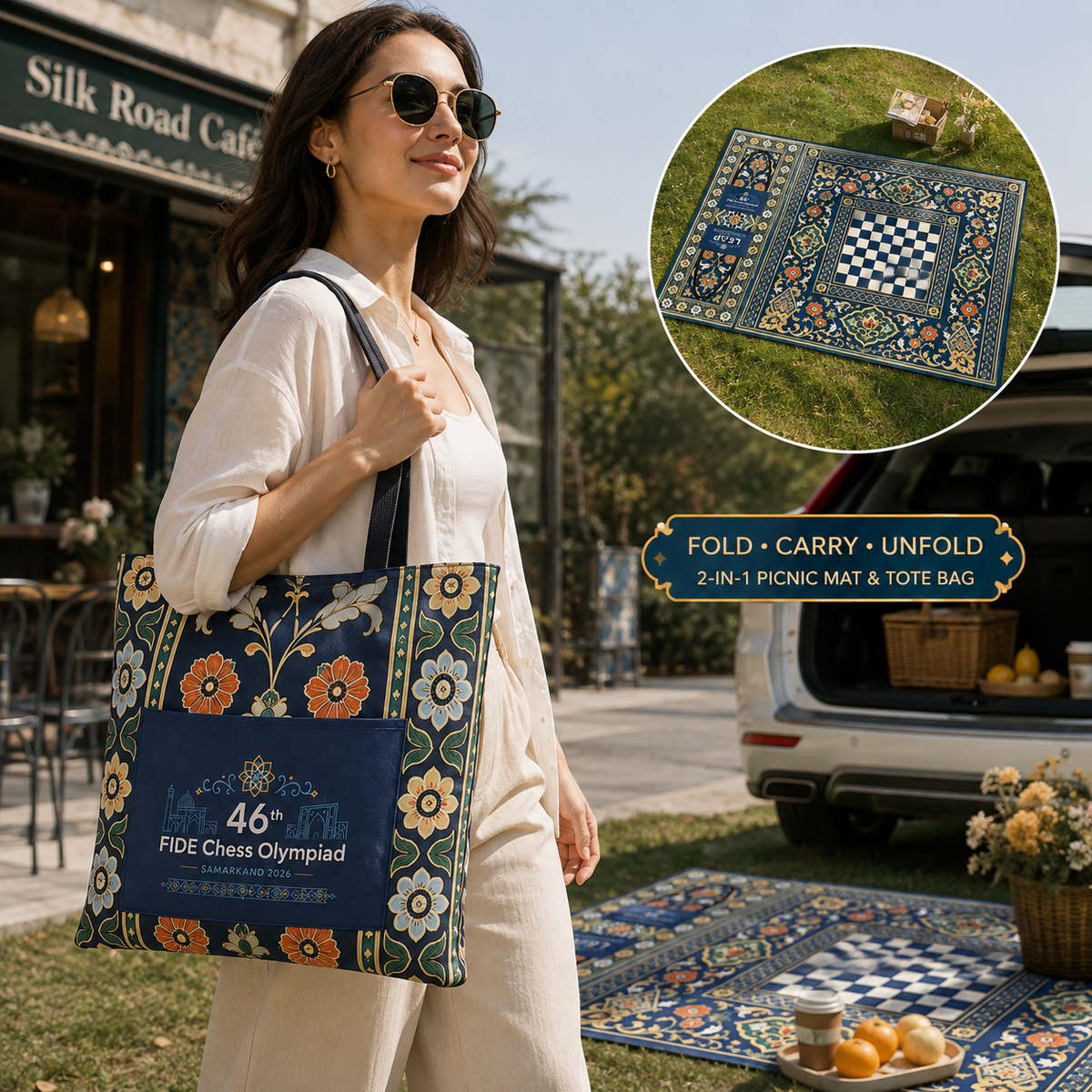 Central Asian-inspired 2-in-1 picnic blanket tote bag