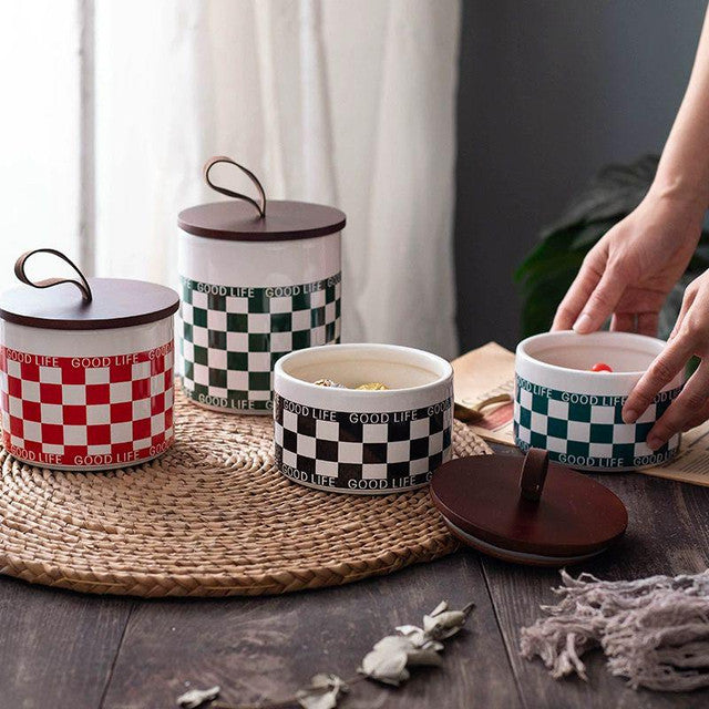 Checkerboard Ceramic Storage Jar - Small