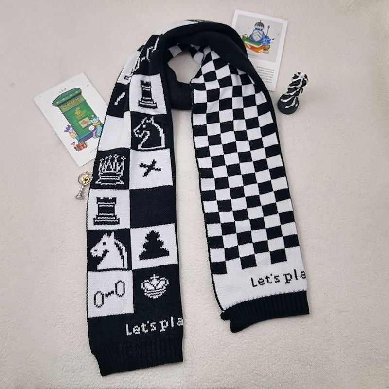 International Chess Knit Scarf-black – Double-Sided Jacquard Chessboard Design for Strategic Minds  Product Highlights