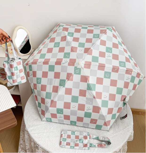 Six-Fold  Pocket Umbrella –pink- Macaron Checkered Design with Hidden Smiley Face & UV Protection