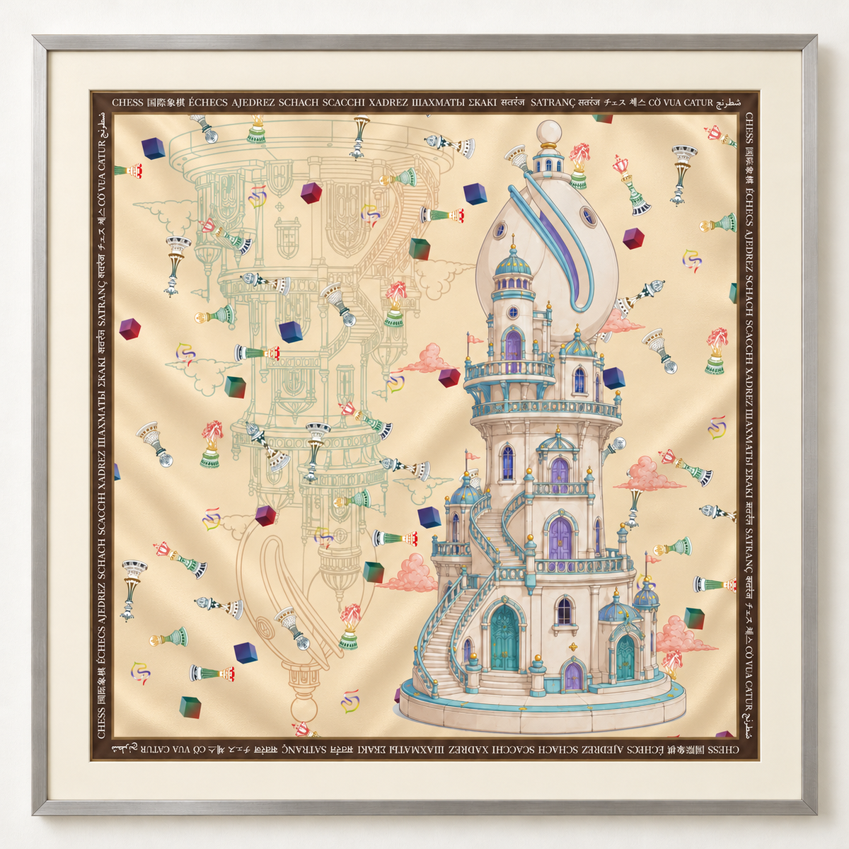 Ivory Castle 65 cm mulberry silk chess scarf
