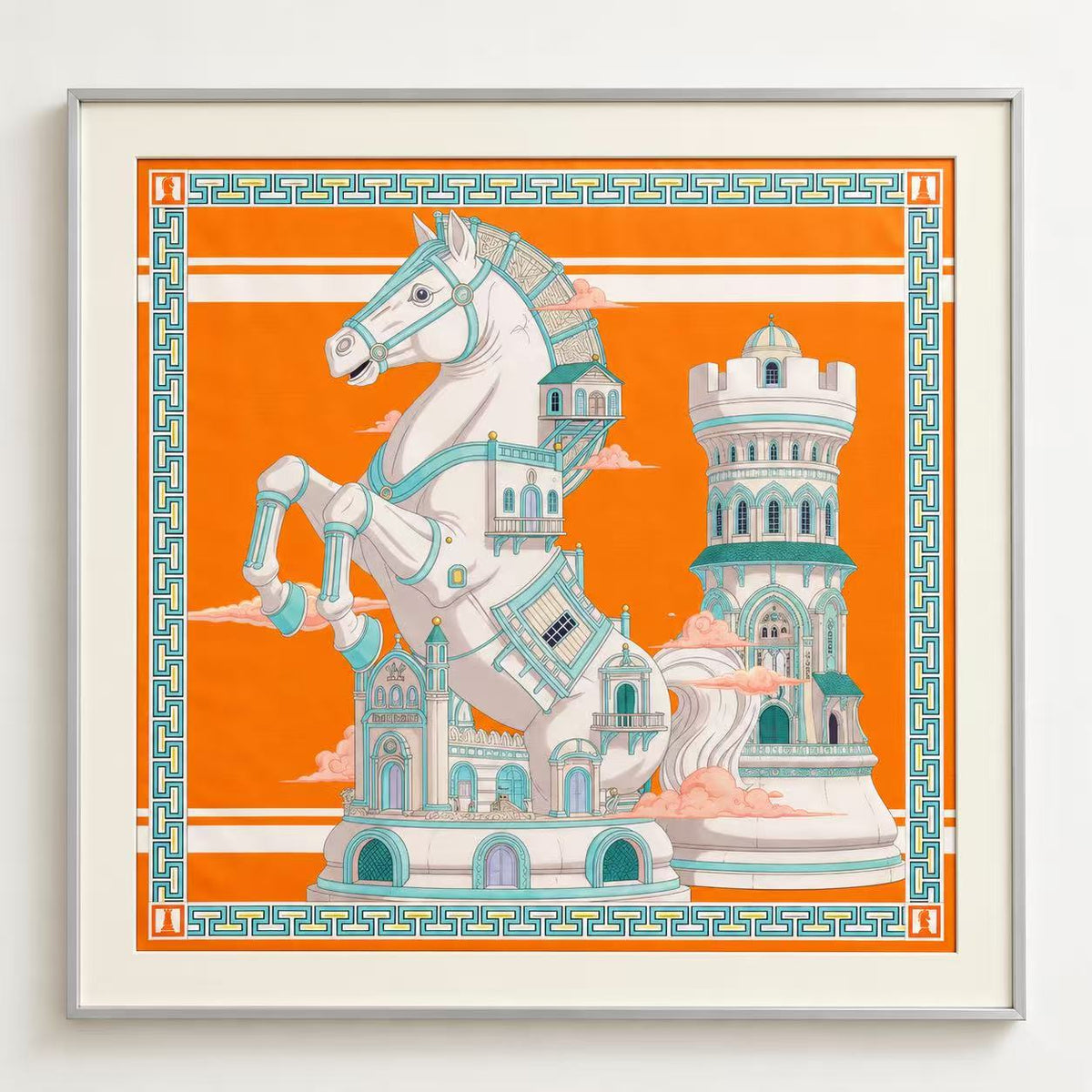 Orange Knight 65 cm mulberry silk chess scarf