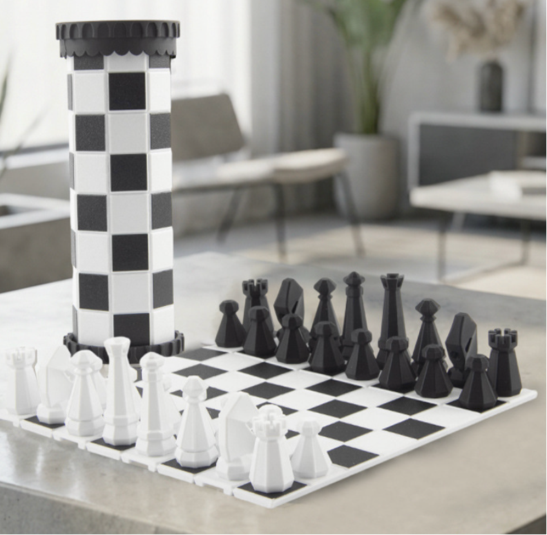 LEAP Modern Geometric Cylinder Chess Set – Minimalist Roll-Up Board with Sleek Tube Storage & Faceted Pieces